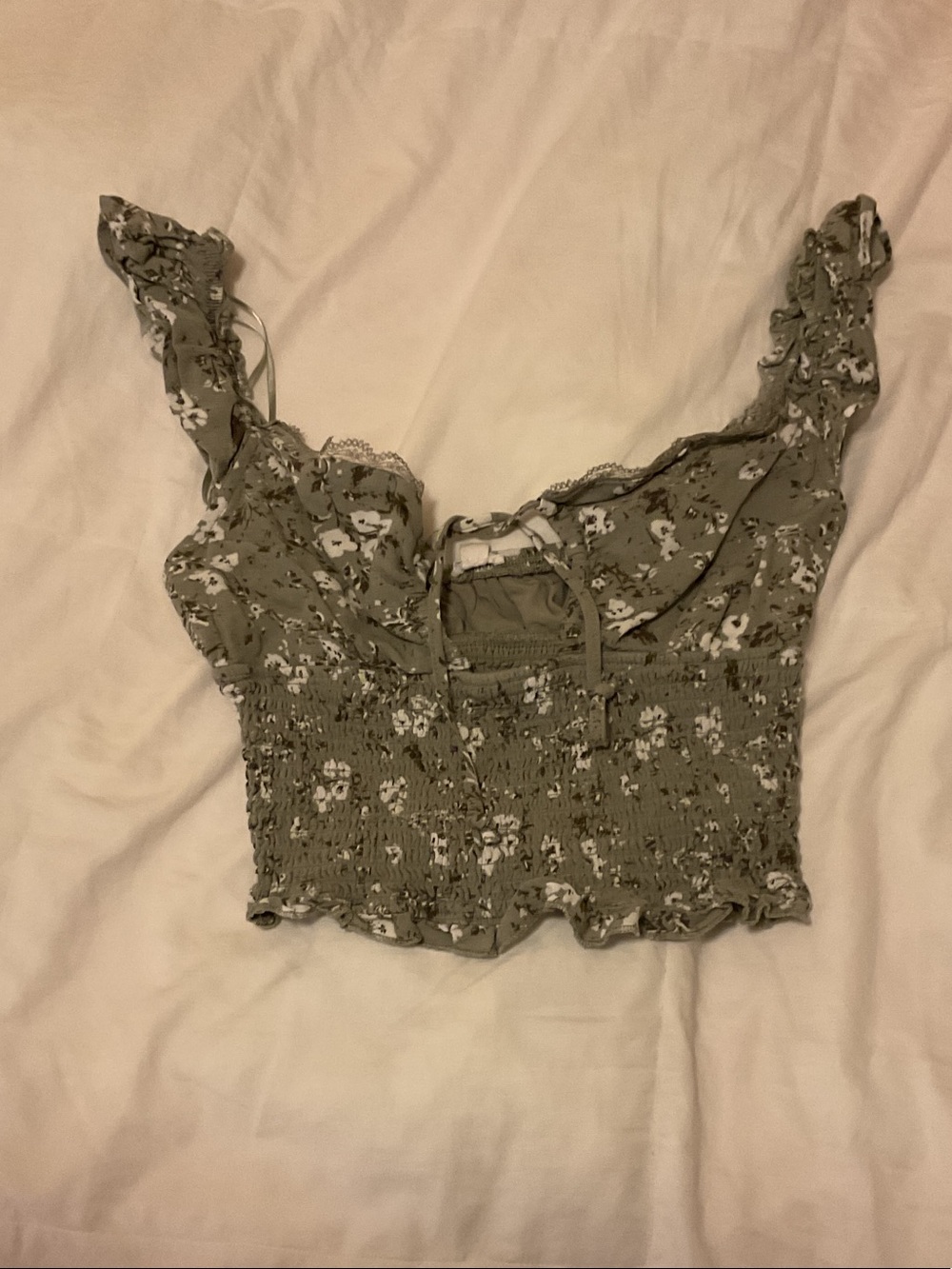 Garage Olive Green Floral Smocked Crop Top